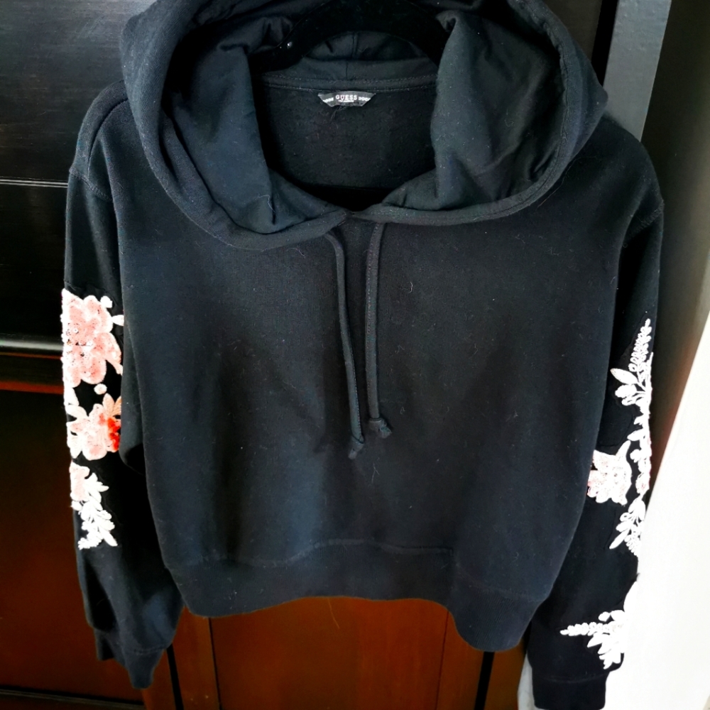 Guess Embroidered Rose Sleeve Crop Hoodie